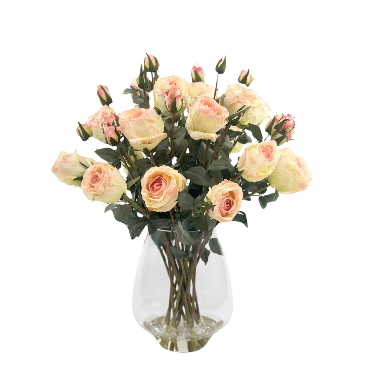 Roses Beige Peach Silk Flower Arrangement in Pyramid Glass Vase. Front view. Plant Couture.