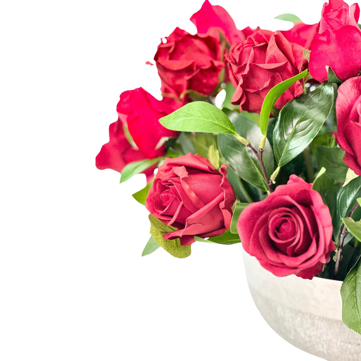 Rose Posie Red Silk Flower Arrangement in Silver Tin Planter. Full close up view. Available from www.plantcouture.co.za