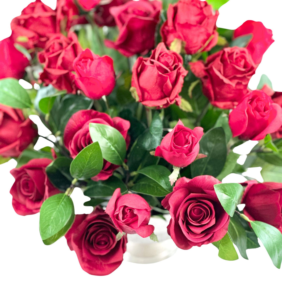 Rose Posie Red Silk Flower Arrangement in Silver Tin Planter. Full top view. Available from www.plantcouture.co.za