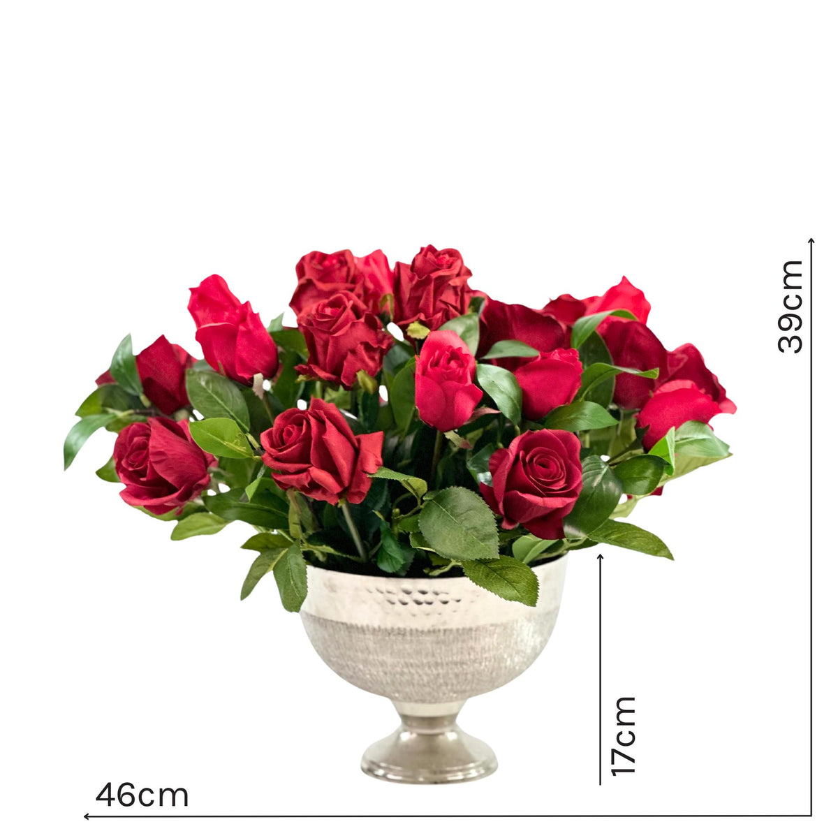 Rose Posie Red Silk Flower Arrangement in Silver Tin Planter. Full front view with measurements. Available from www.plantcouture.co.za
