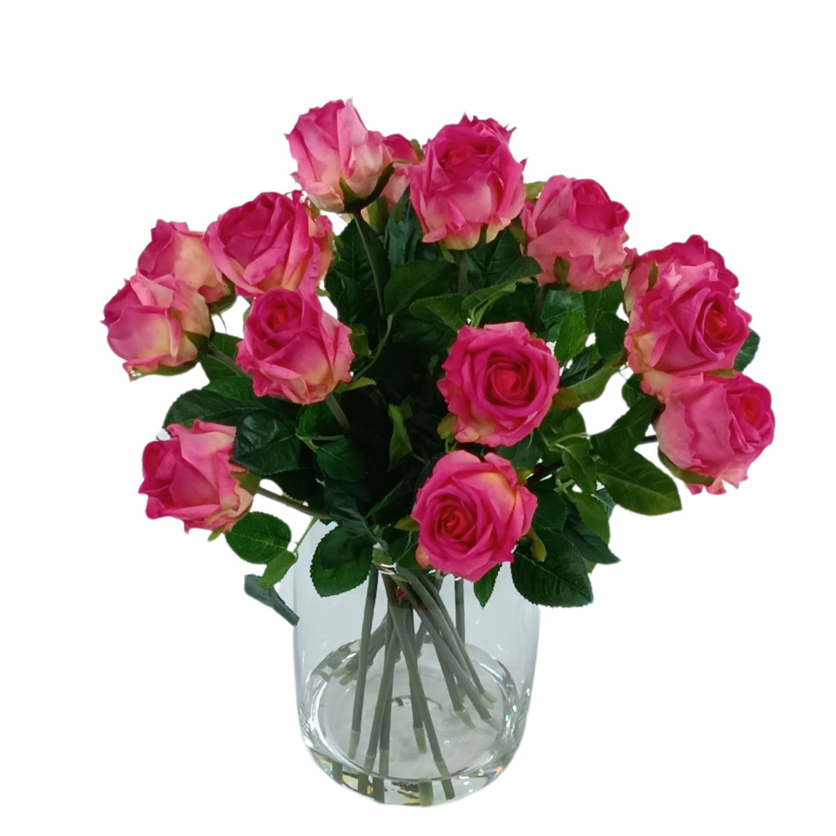 Roses Semi Open Dark Pink Arrangement in Helsinki Glass Vase