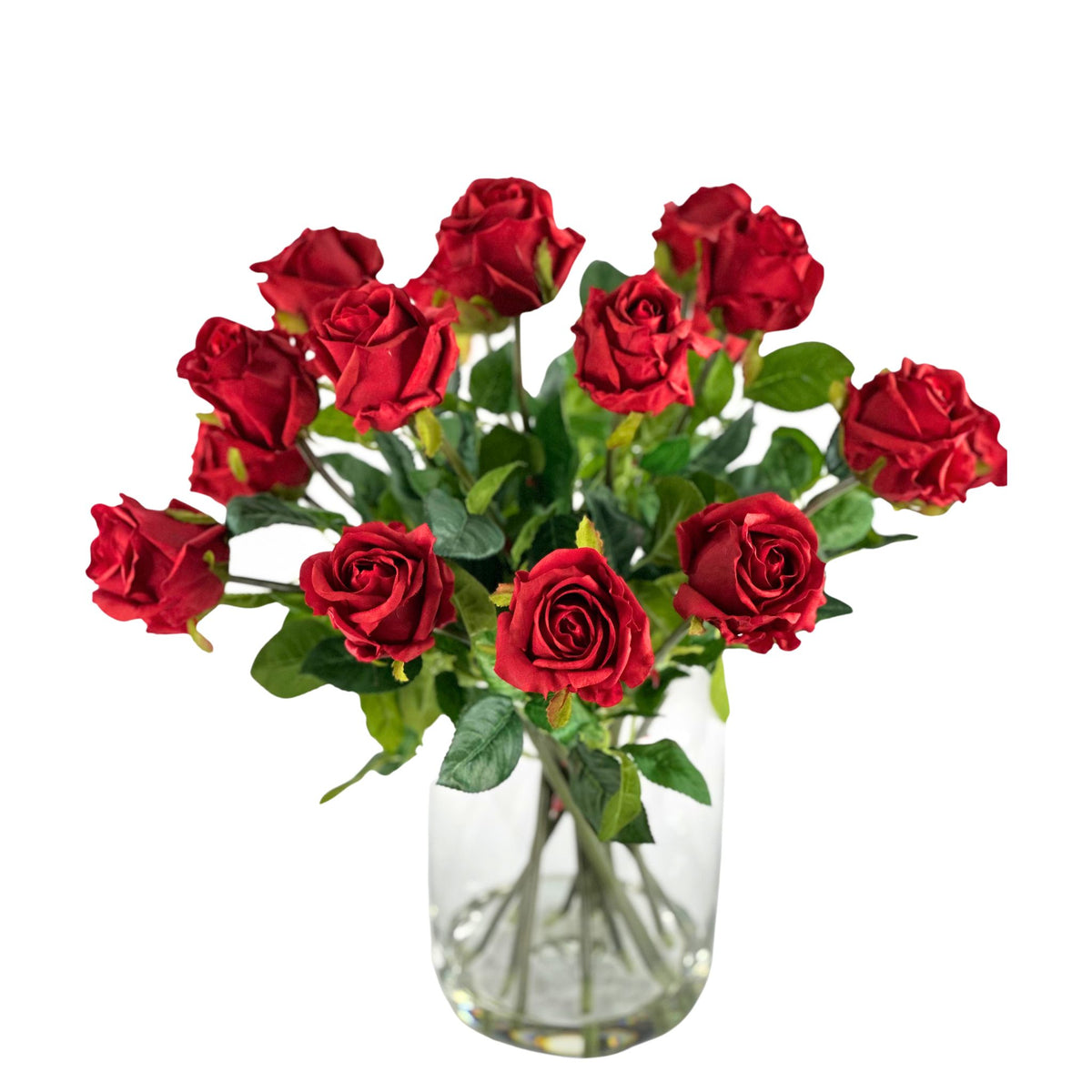 Rose Red Arrangement in Glass Barrel Vase. Top and Front view of roses and vase. Available from Plant Couture.
