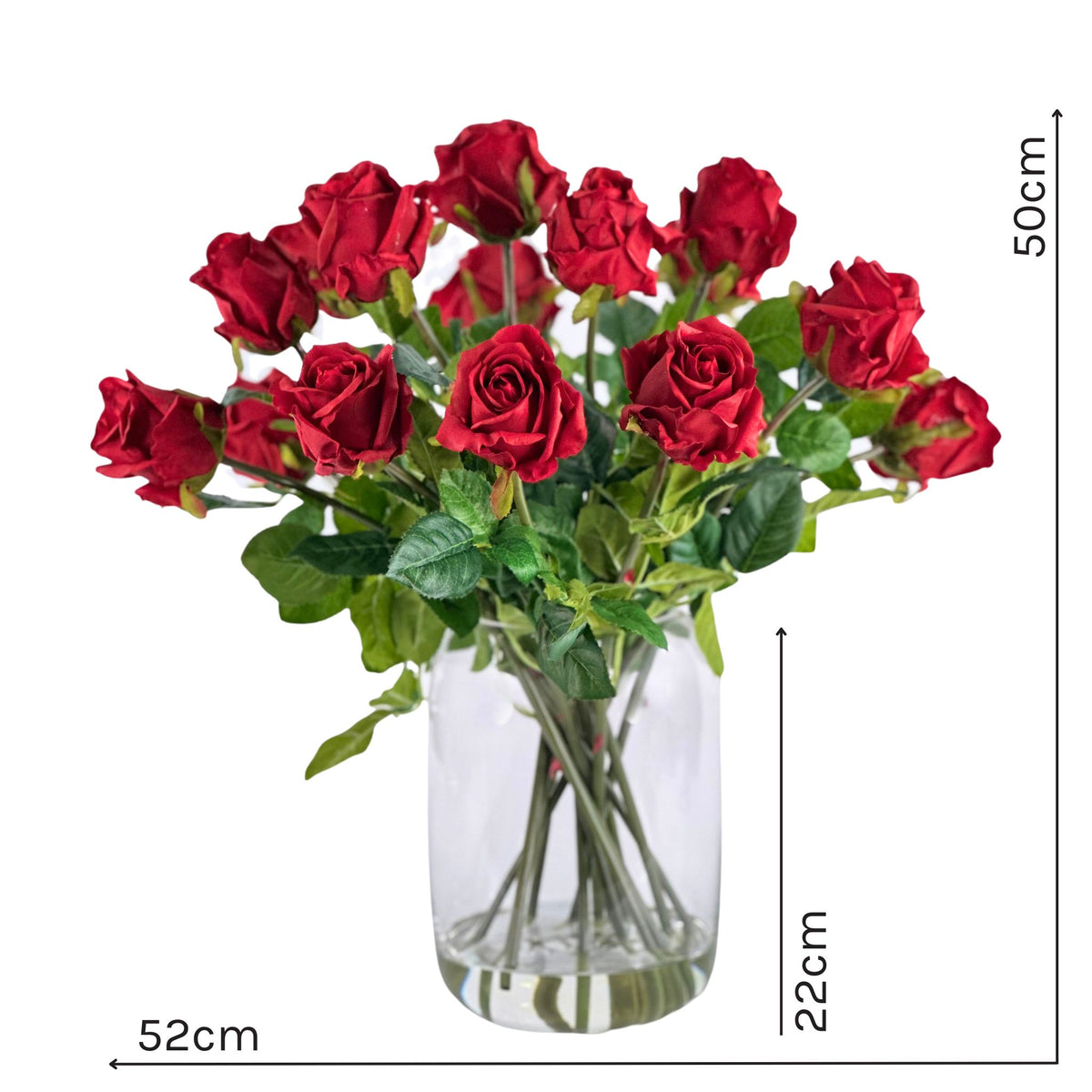 Rose Red Arrangement in Glass Barrel Vase. Front view of roses and vase with measurements. Available from Plant Couture.