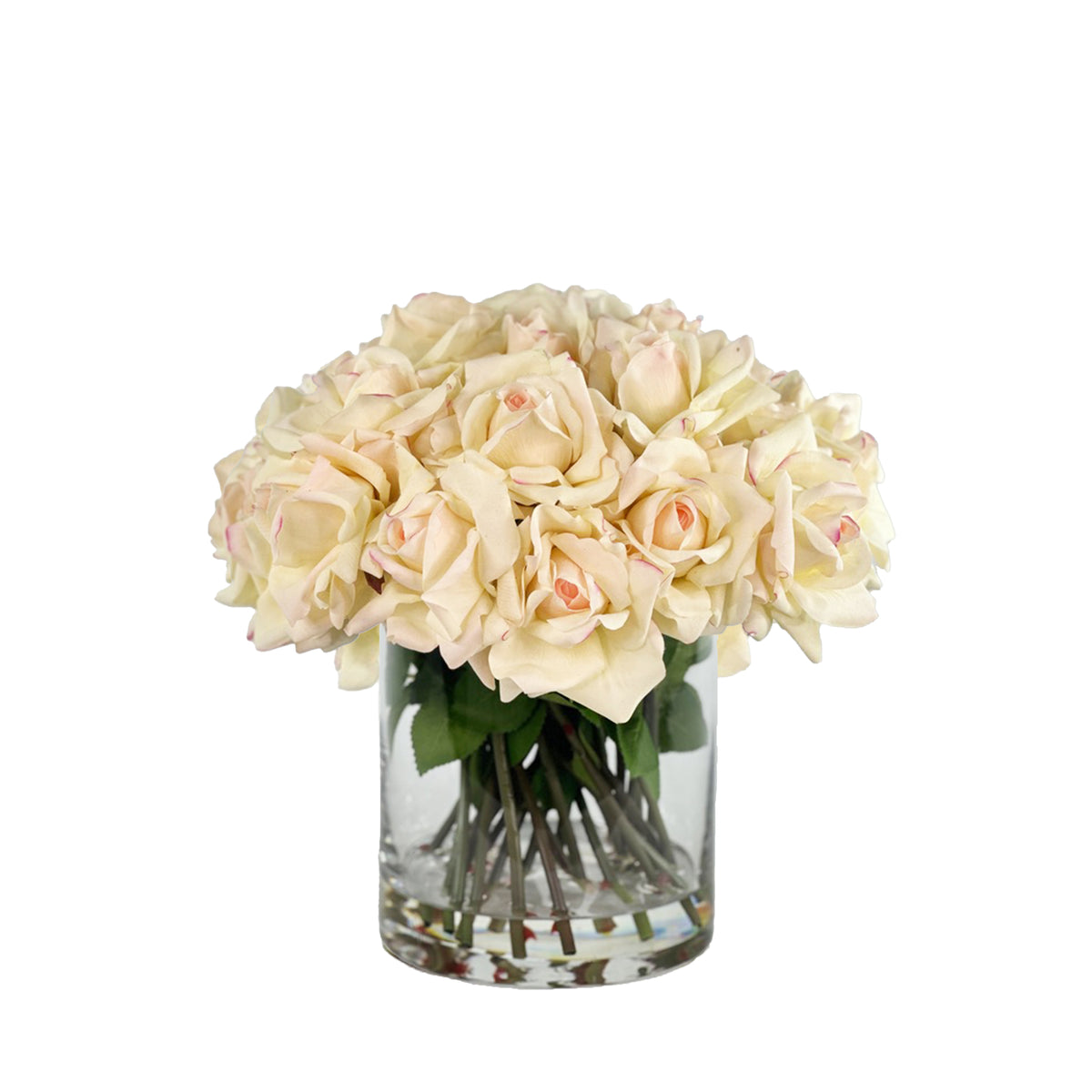 Faux White pink roses in cylinder vase set in faux water on white backround
