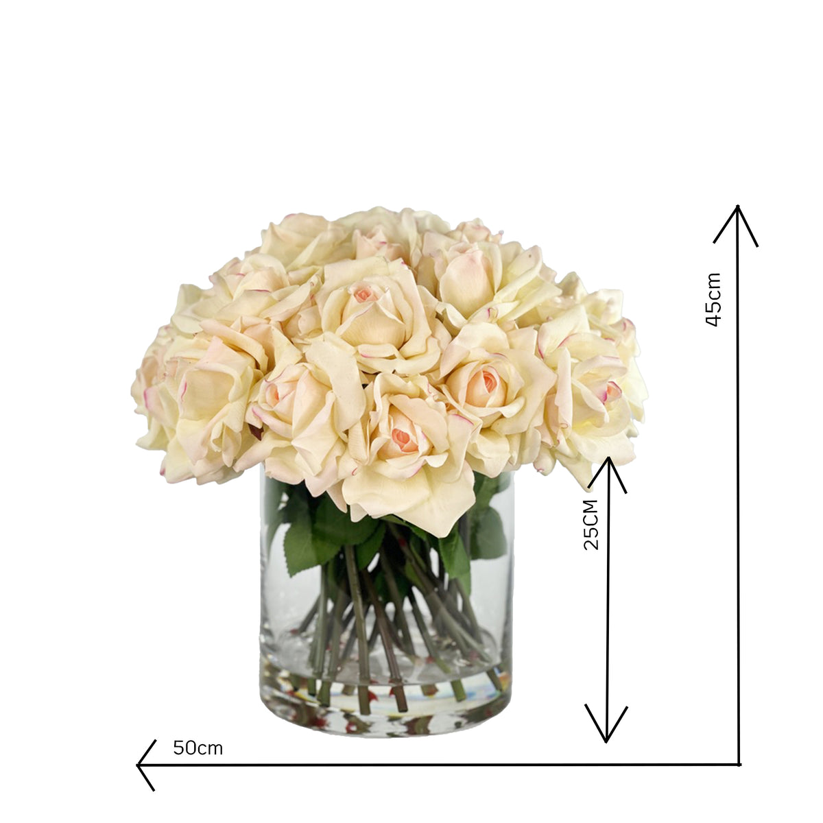 Faux White pink roses in cylinder vase set in faux water with dimensions