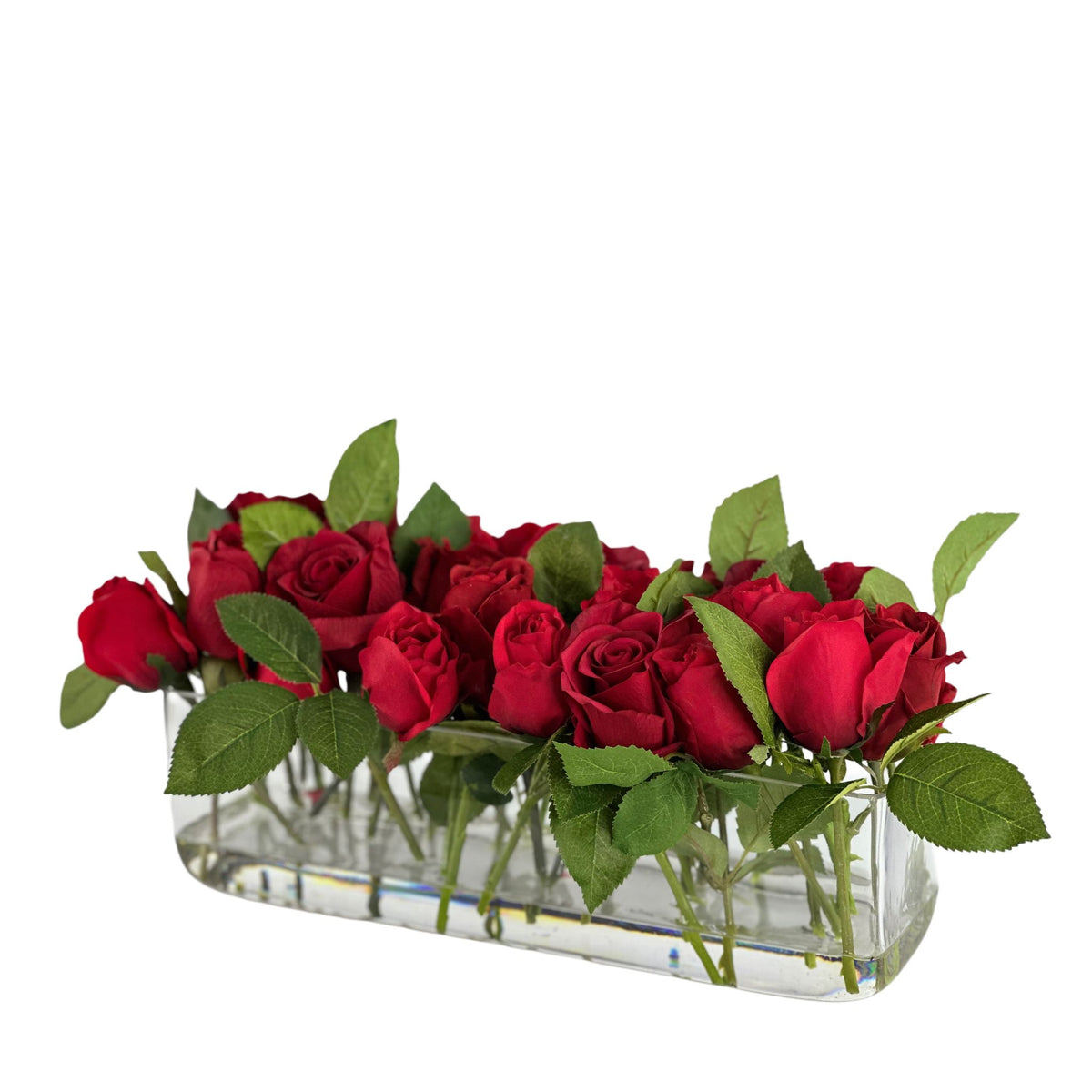 Rose Real Touch Arrangement in Glass Rectangular Vase. Front side view. Available from Plant Couture.