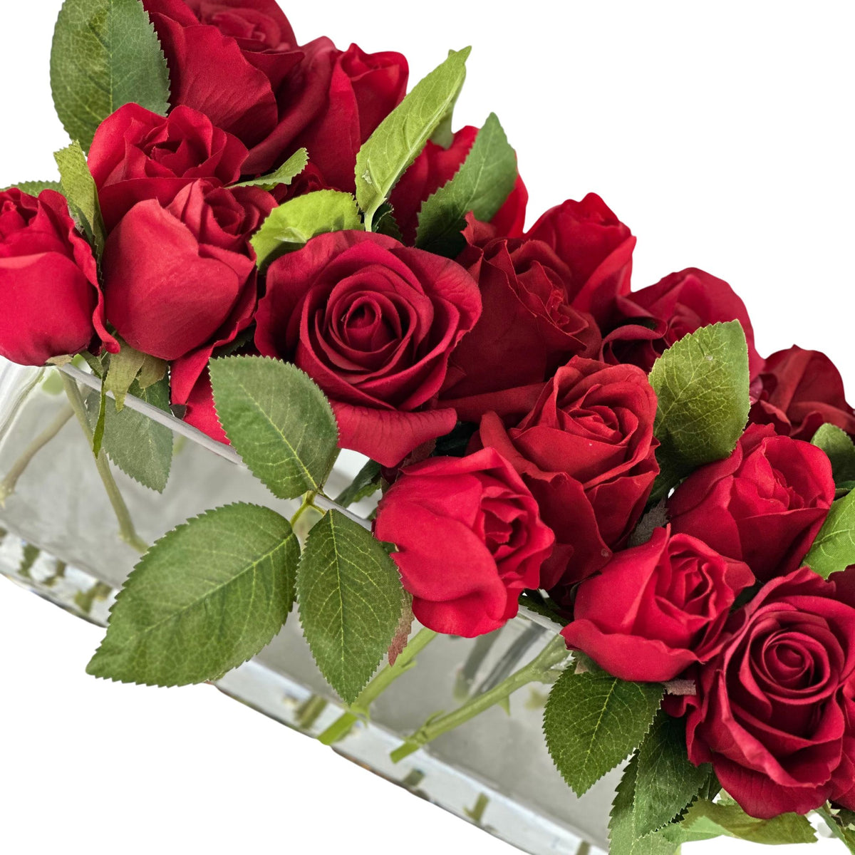 Rose Real Touch Arrangement in Glass Rectangular Vase. Close up view. Available from Plant Couture.