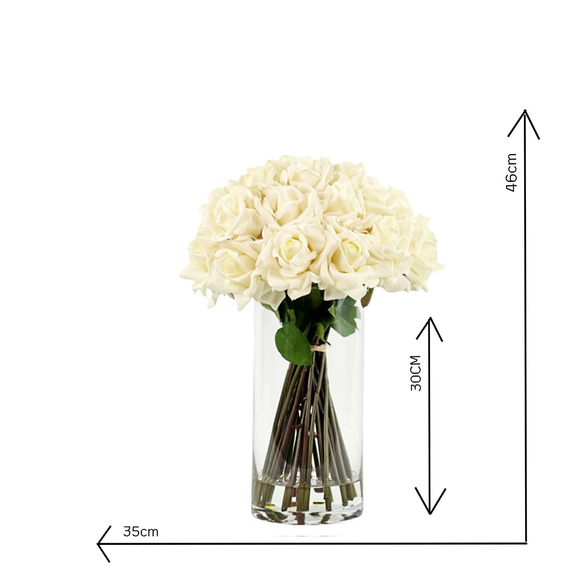 Artificial Open White roses in cylinder vase with measurements 35cm wide and 46cm tall