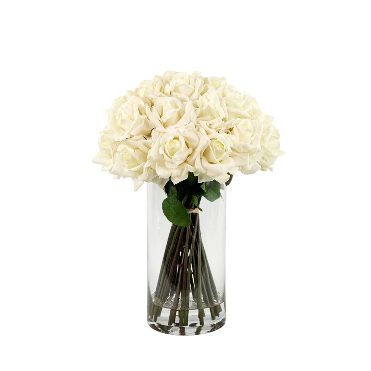Faux Open White roses in cylinder vase