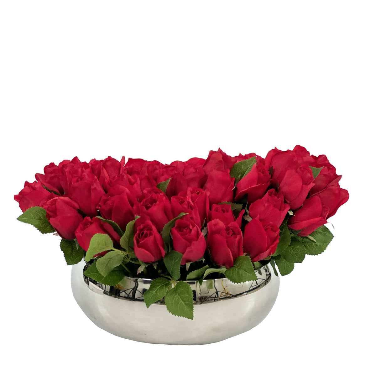 Red Roses Flower Arrangement in Shallow Silver Tin