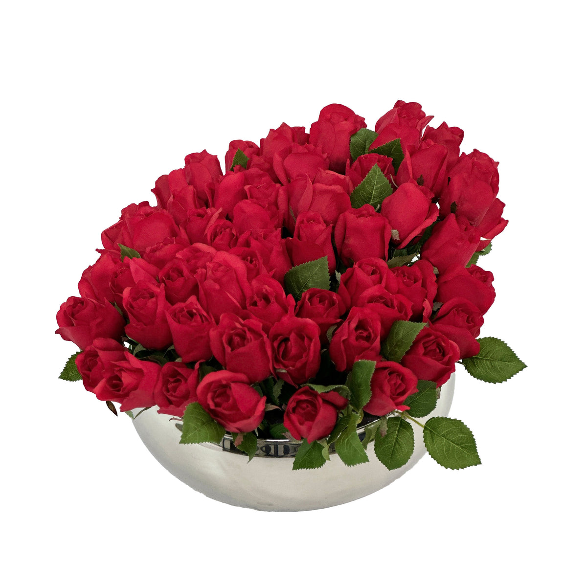Red Roses Flower Arrangement in Shallow Silver Tin