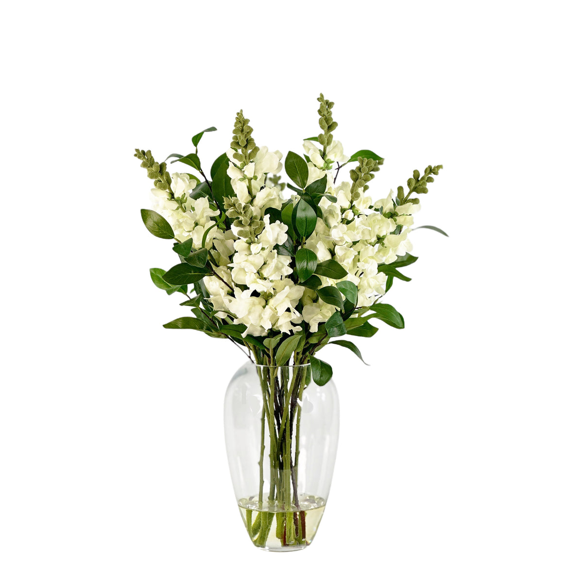 Artificial Snapdragon White arrangement is Glass Vase