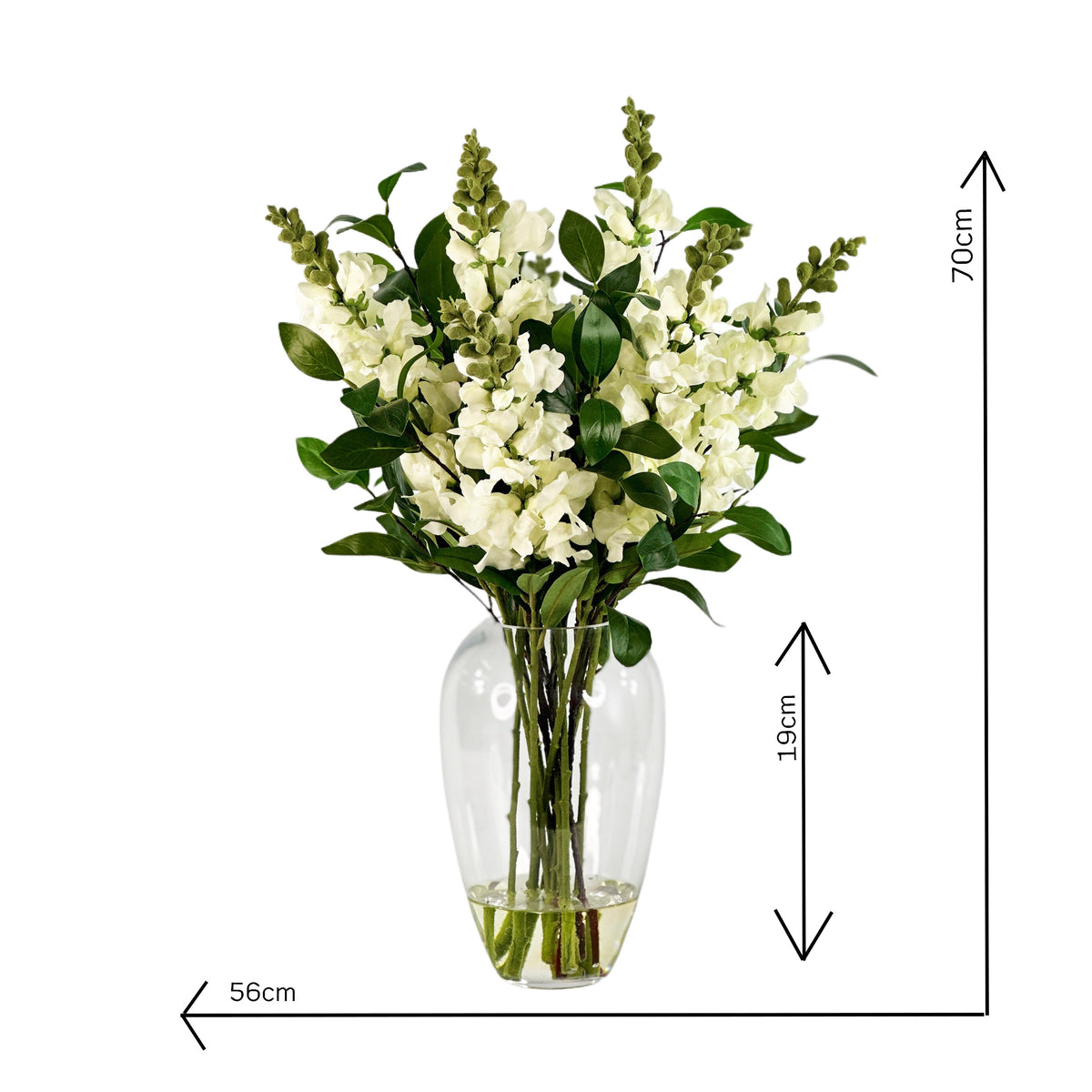 Artificial Snapdragon White arrangement is Glass Vase with measurements 56cm wide and 70cm tall