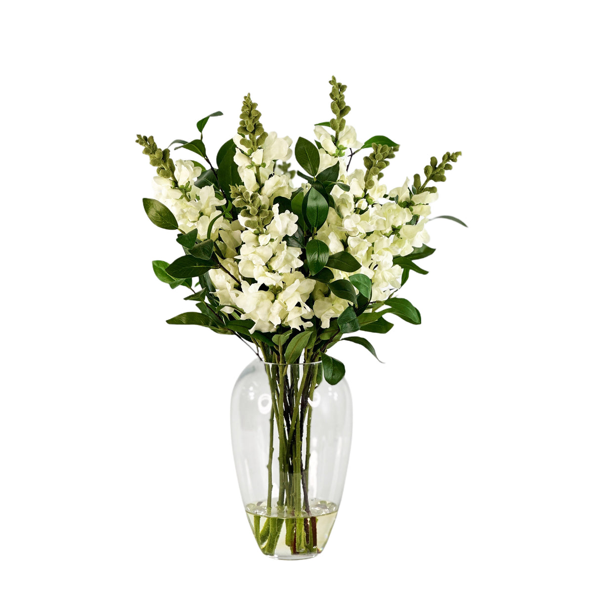 Faux Snapdragon White arrangement is Glass Vase