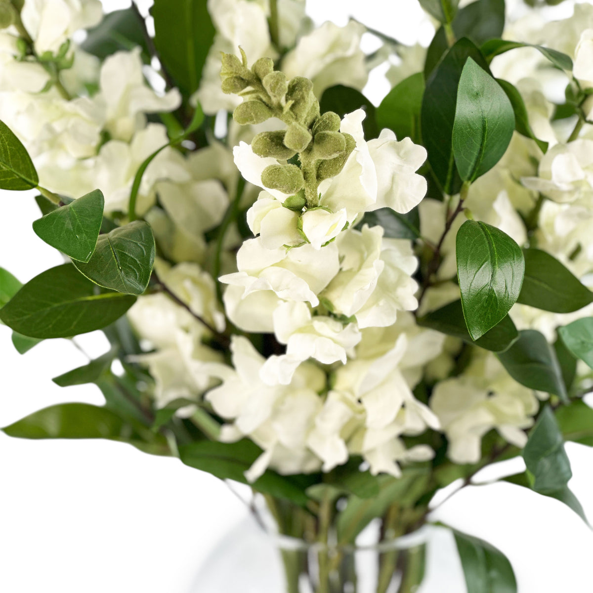 Close up Artificial Snapdragon White arrangement is Glass Vase