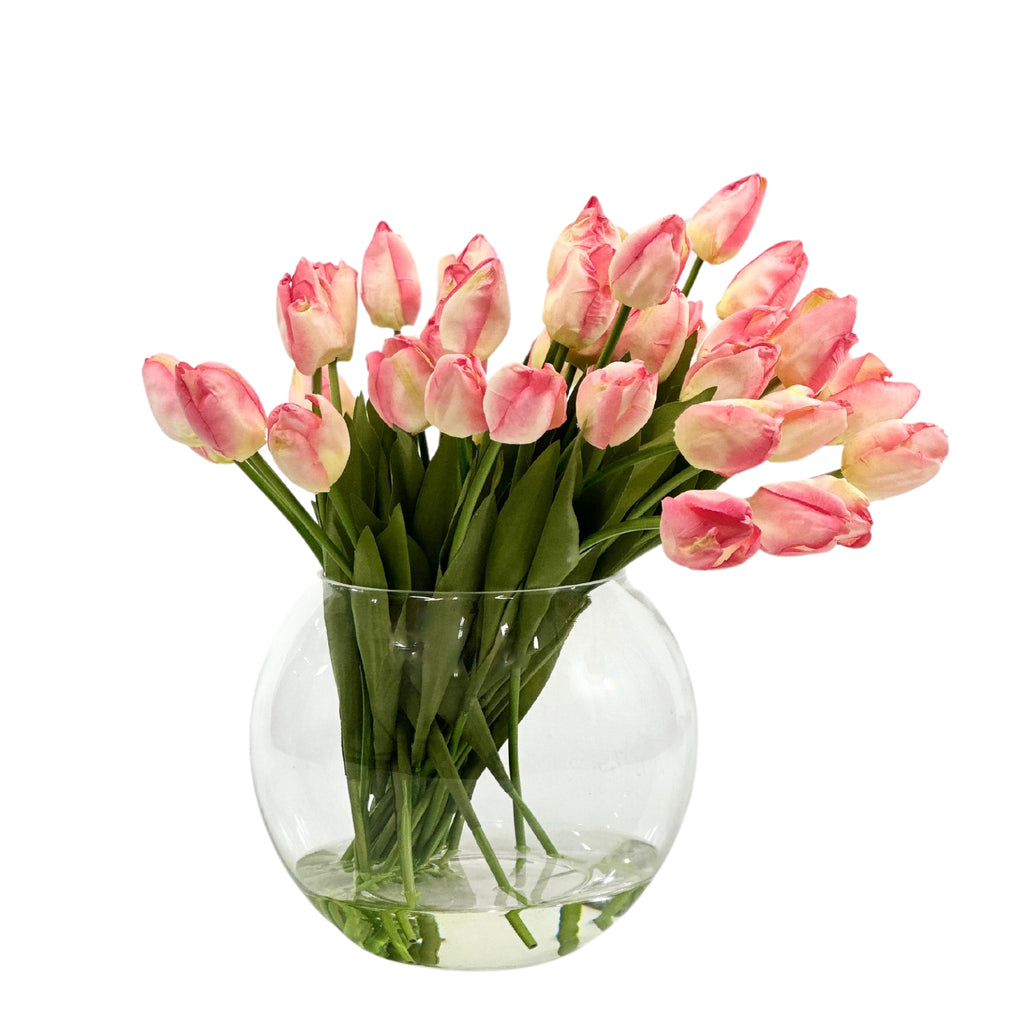 Tulips Pink in Rose Bowl Glass Vase - Silk Flower Arrangement ...