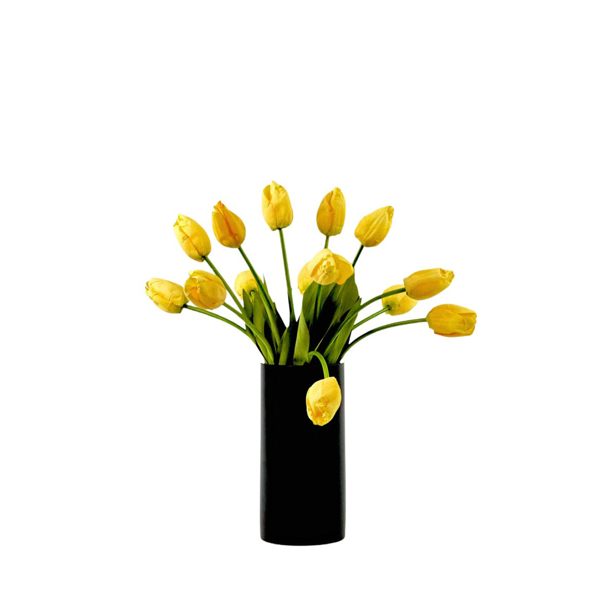 Real Touch Tulips Yellow in Black cylinder vase 40cm high