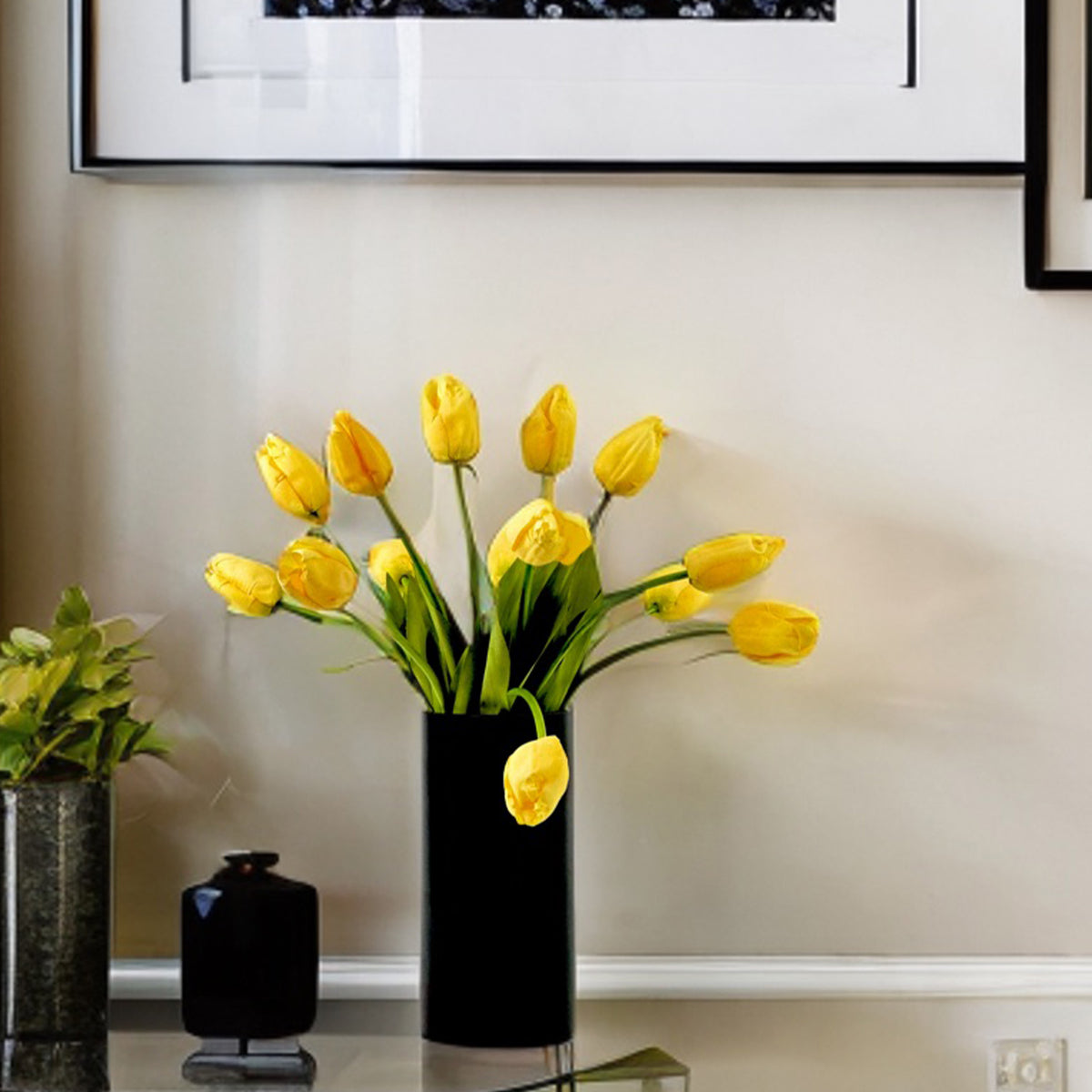 Real Touch Tulips Yellow in Black cylinder vase 40cm high on desk
