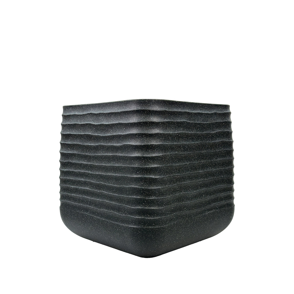 Mariella Square Pot 38cm in Black. Terrazzo Look, eco-friendly, Lightweight, Side view.