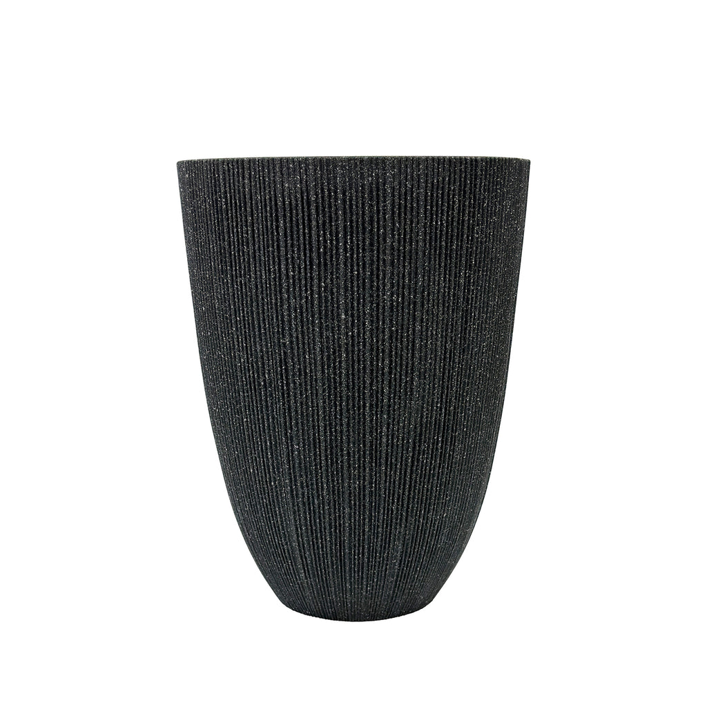Large sized Mediterranean Black Nature Ridged Planter 57.5cm with Terrazzo textured look. Eco-friendly & lightweight Polyresin, Side view.