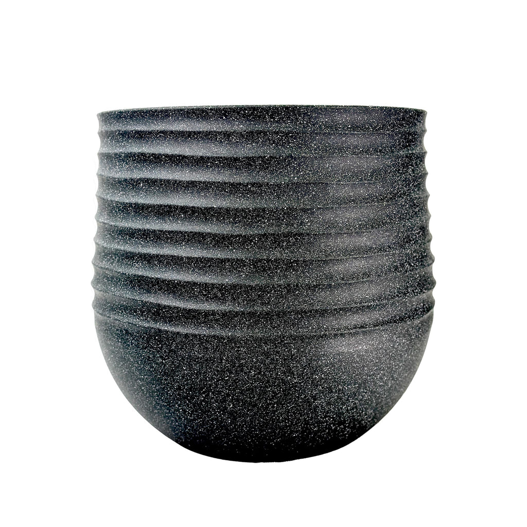 53 cm Poly-resin, Large Ribbed planter, Mediterranean Black with a terrazzo finish, Lightweight, Weather resistant and eco friendly, Side view.