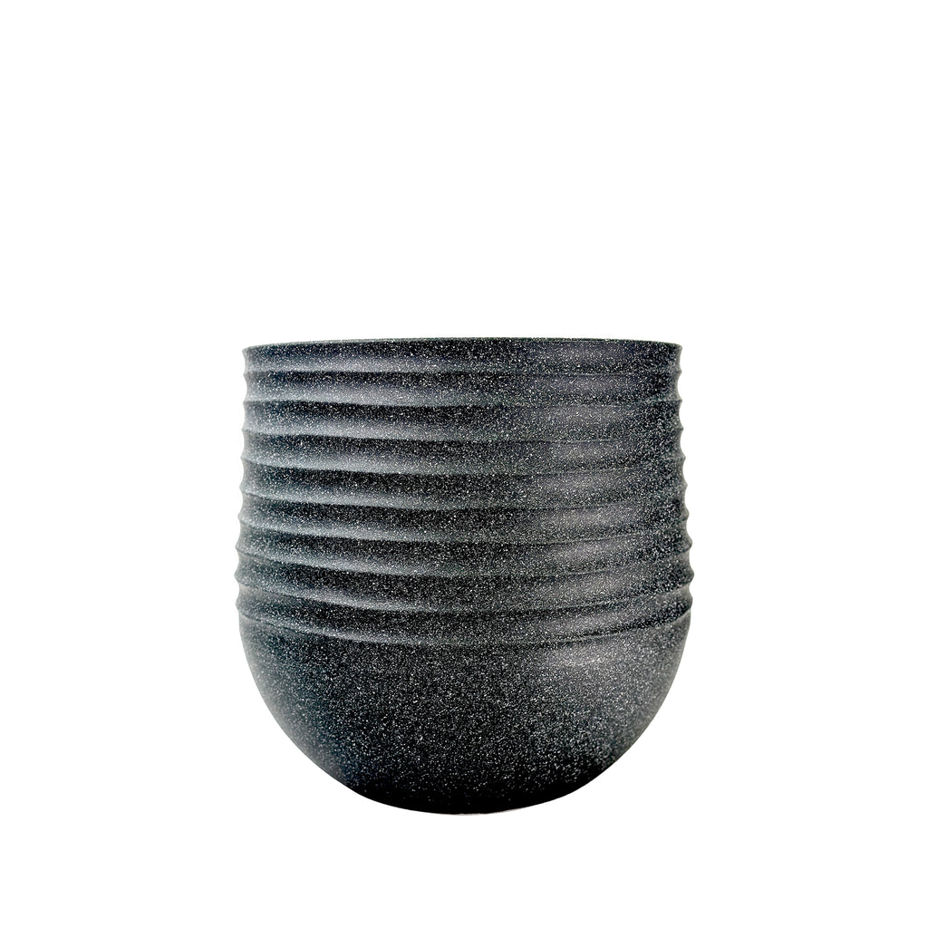 40 cm Poly-resin, Medium Ribbed planter, Mediterranean Black with a terrazzo finish, Lightweight, Weather resistant and eco friendly, Side view.