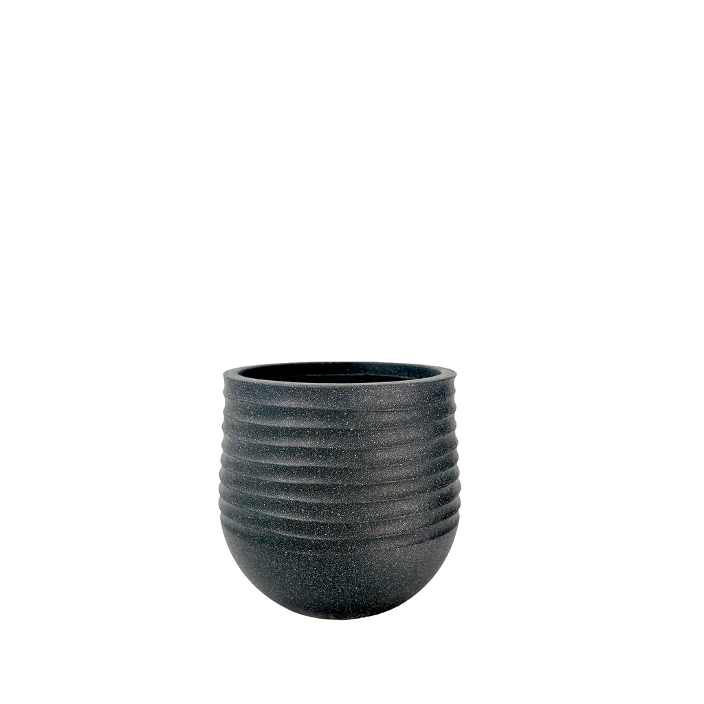 30cm Poly-resin, Small Ribbed planter, Mediterranean Black with a terrazzo finish, Lightweight, Weather resistant and eco friendly.
