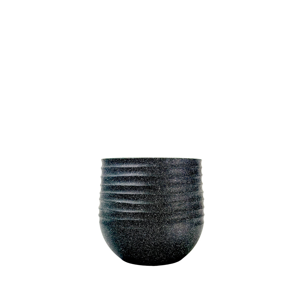30cm Poly-resin, Small Ribbed planter, Mediterranean Black with a terrazzo finish, Lightweight, Weather resistant and eco friendly, Side view.