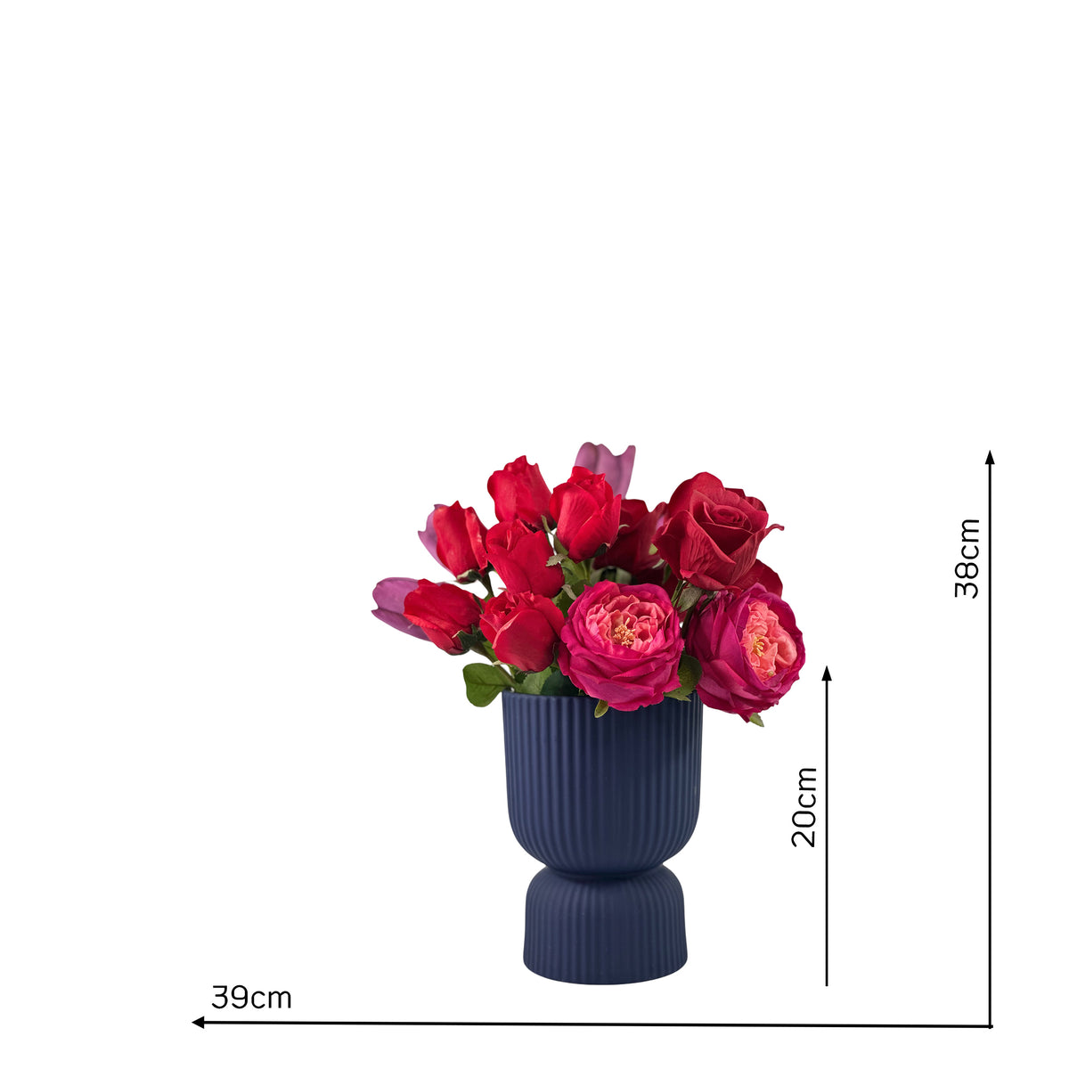 Faux Roses Red and Tulip  Purple in Blue Ceramic