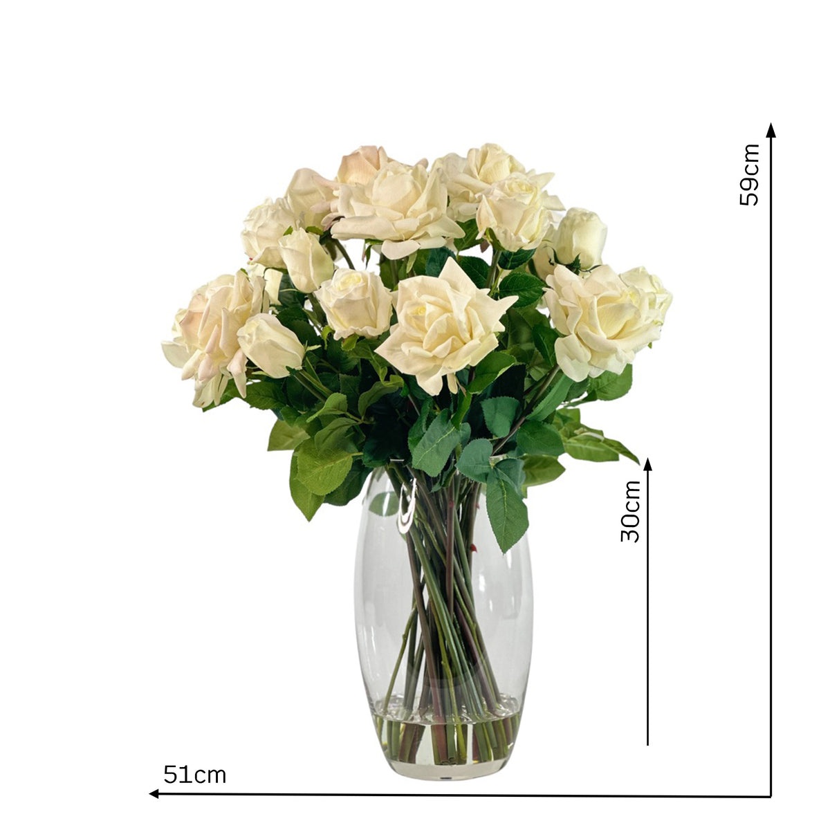 Arrangement of Faux White Open Roses set in imitation water 59cm tall and 51cm wide