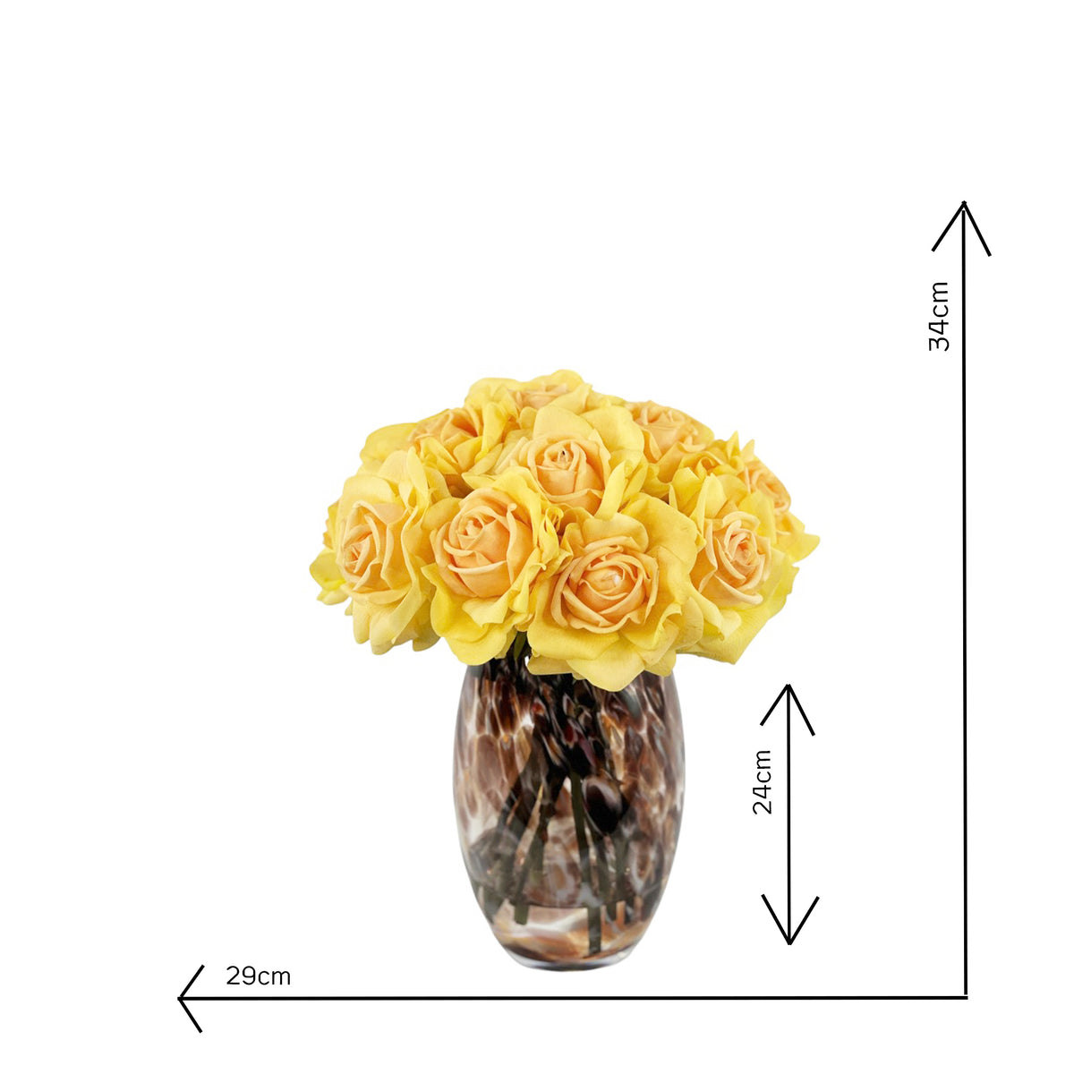 Artificial Open yellow roses in stunning Prague vase with measurements 29cm wide and 34cm tall