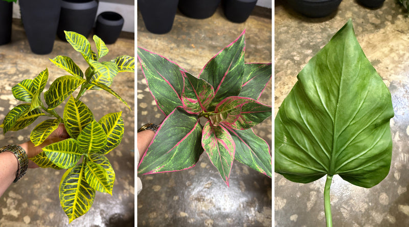 Close-up details of artificial plant foliage and construction to compare quality before buying online