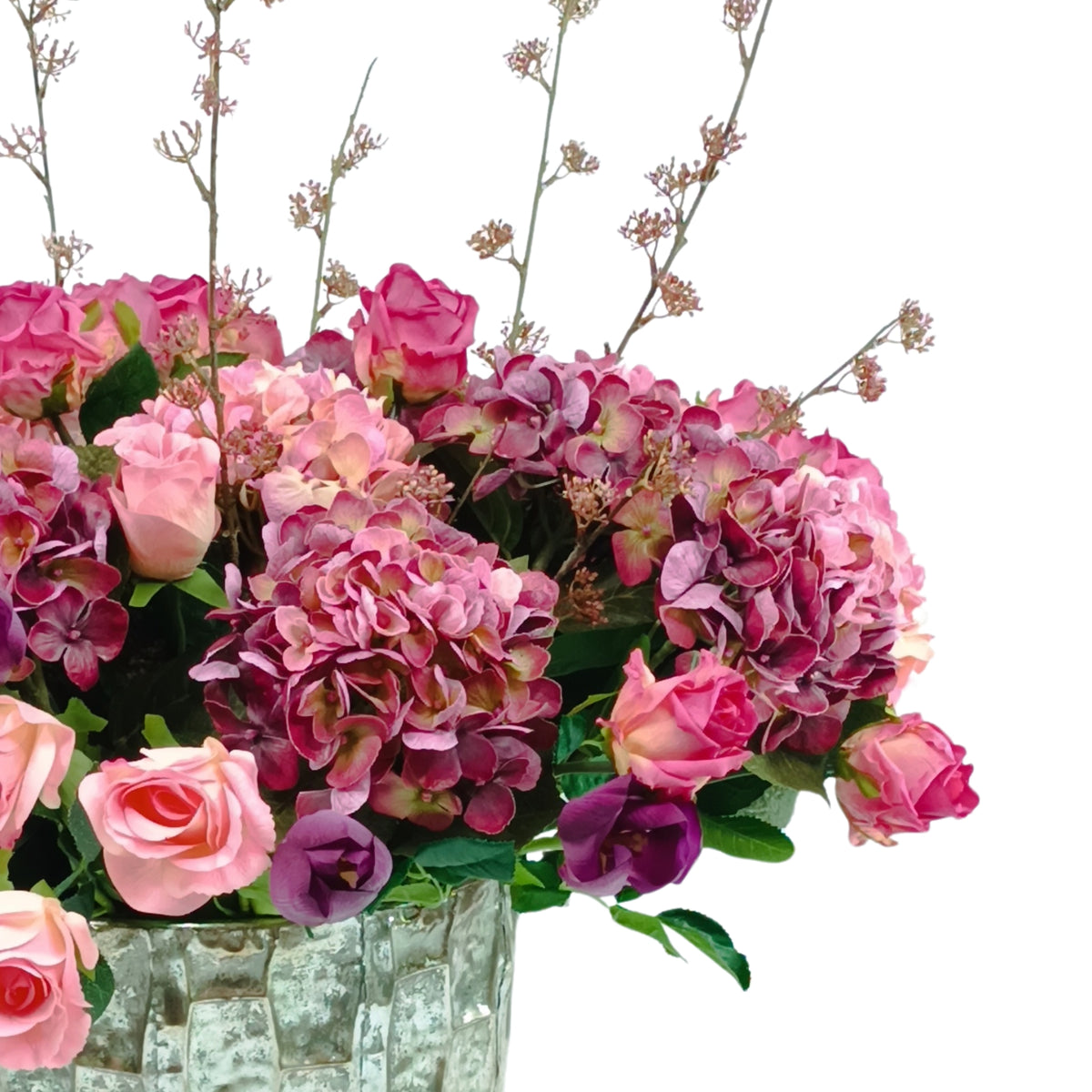Hydrangea Tulips Roses Mix Silk Flower Arrangement in Large Tin Vase from Plant Couture www.plantcouture.co.za