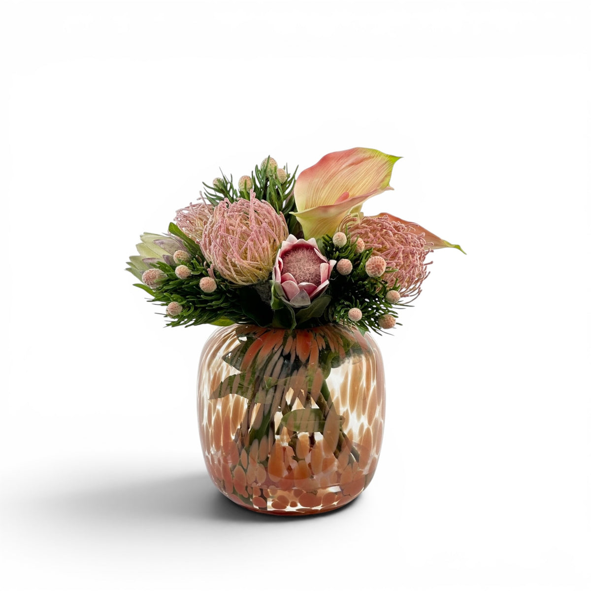 Protea Pincushion and Arum Lily in Speckled Glass Vase