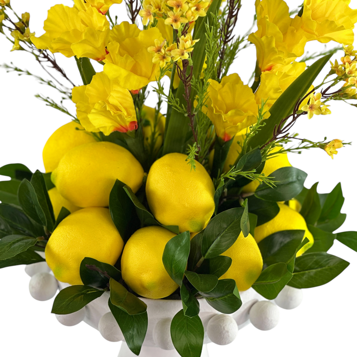 Gladiolus Yellow Arrangement with Lemons in a White Bubble Footed Planter