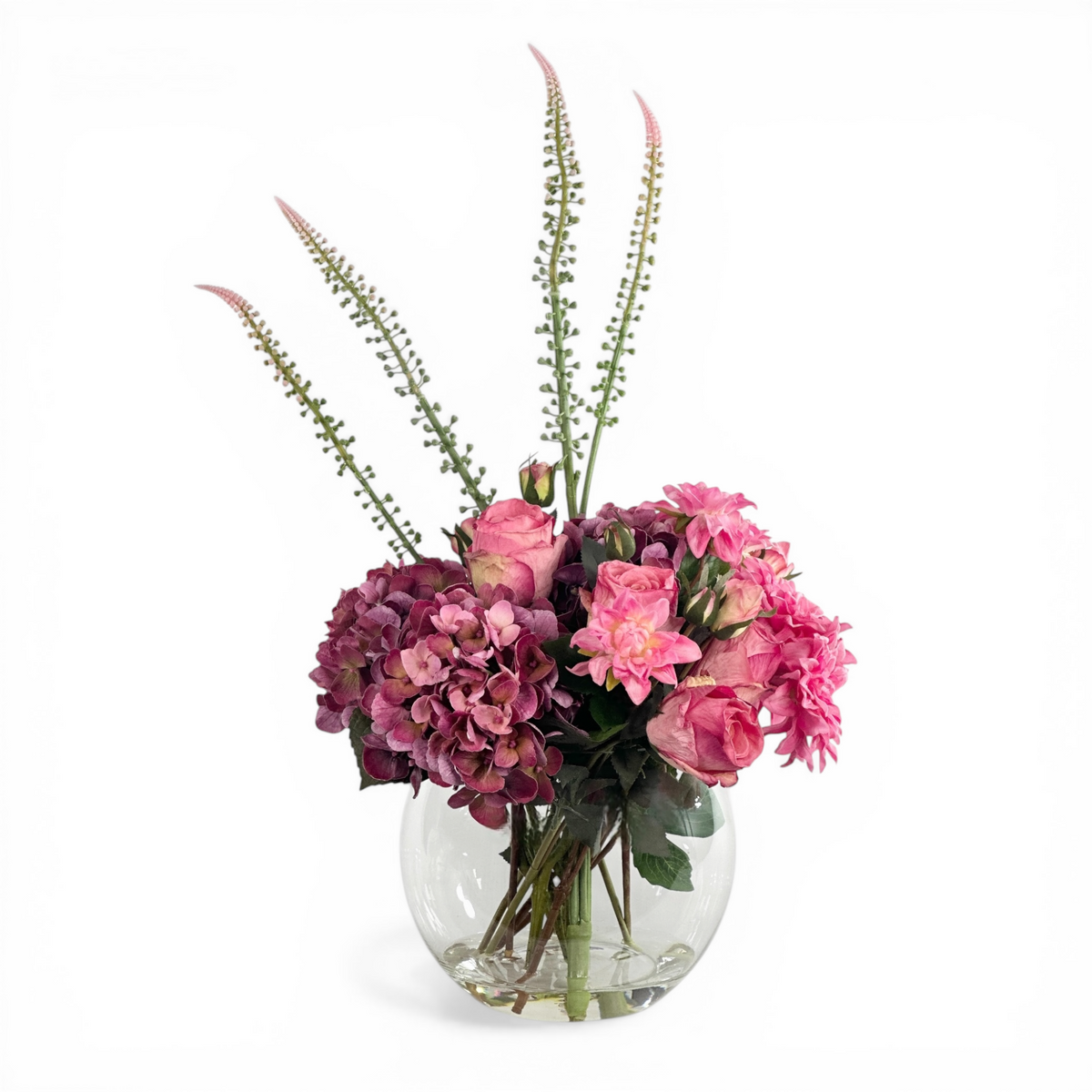 Mixed Pink and Mauve Hydrangea Rose Dahlia in Fishbowl Glass Vase