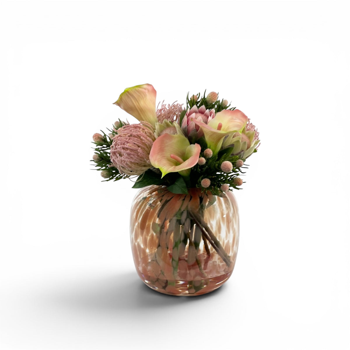 Protea Pincushion and Arum Lily in Speckled Glass Vase