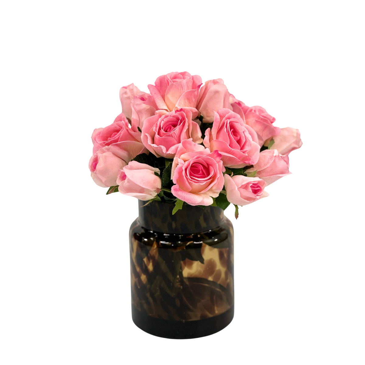 Pink Roses Arrangement in Tortoise Shell Glass Vase