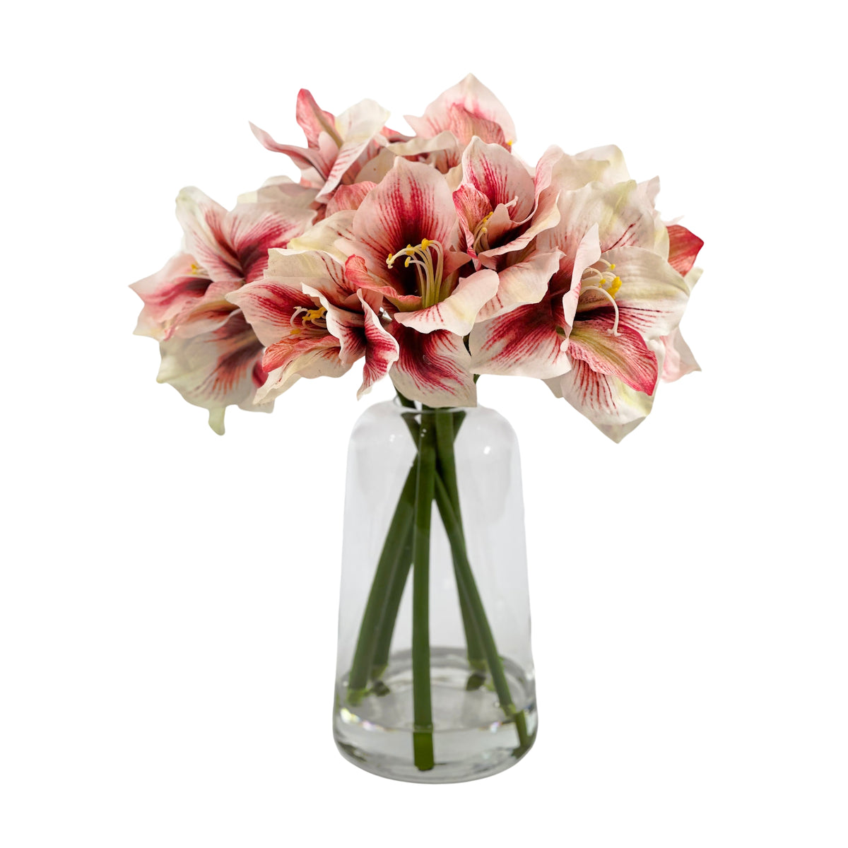 Red-White Silk Amaryllis Arrangement In Glass Vase