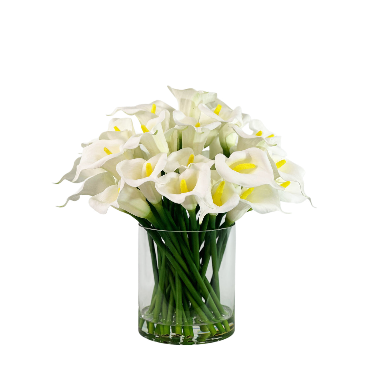 Artificial White Calla Lily Silk Flower Arrangement in Glass Cylinder Vase Set in Faux Water