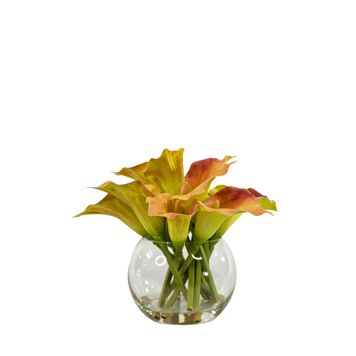 Artificial Arum Lily Orange Arrangement in Glass Fishbowl Vase Set in Faux Water