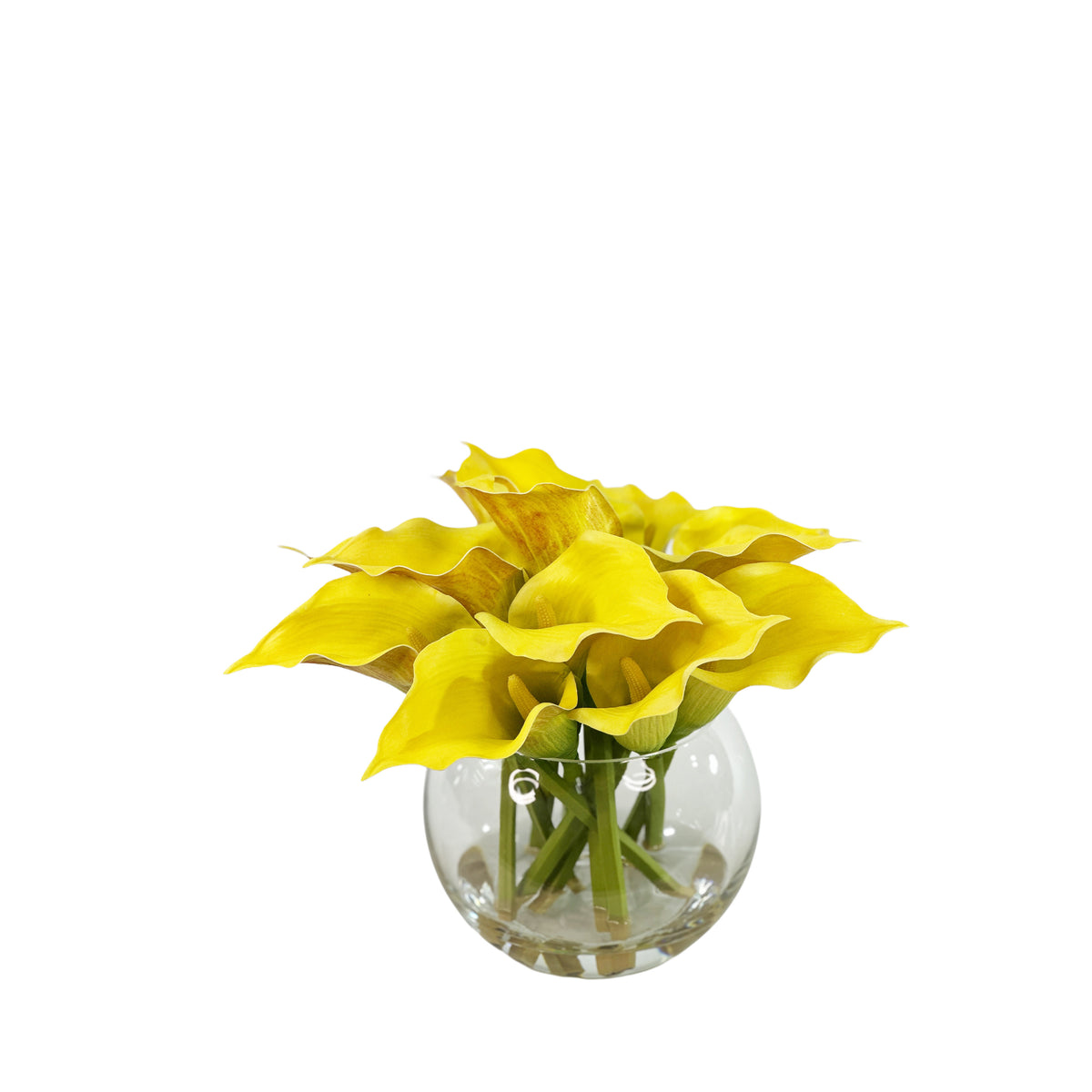 Artificial Arum Lily Yellow Arrangement in Glass Fishbowl Vase Set in Faux Water