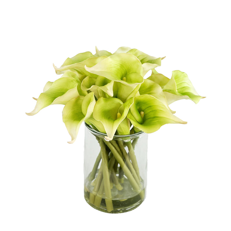 Clear glass vase with faux green Calla lilies set in faux water on a white background