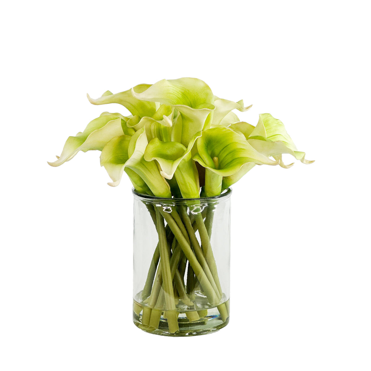 Clear glass vase with faux green Calla lilies set in faux water on a white background