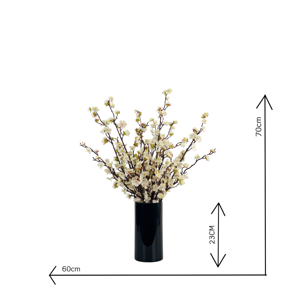 Faux Cherry Blossoms white in Black Cylinder vase with measurements