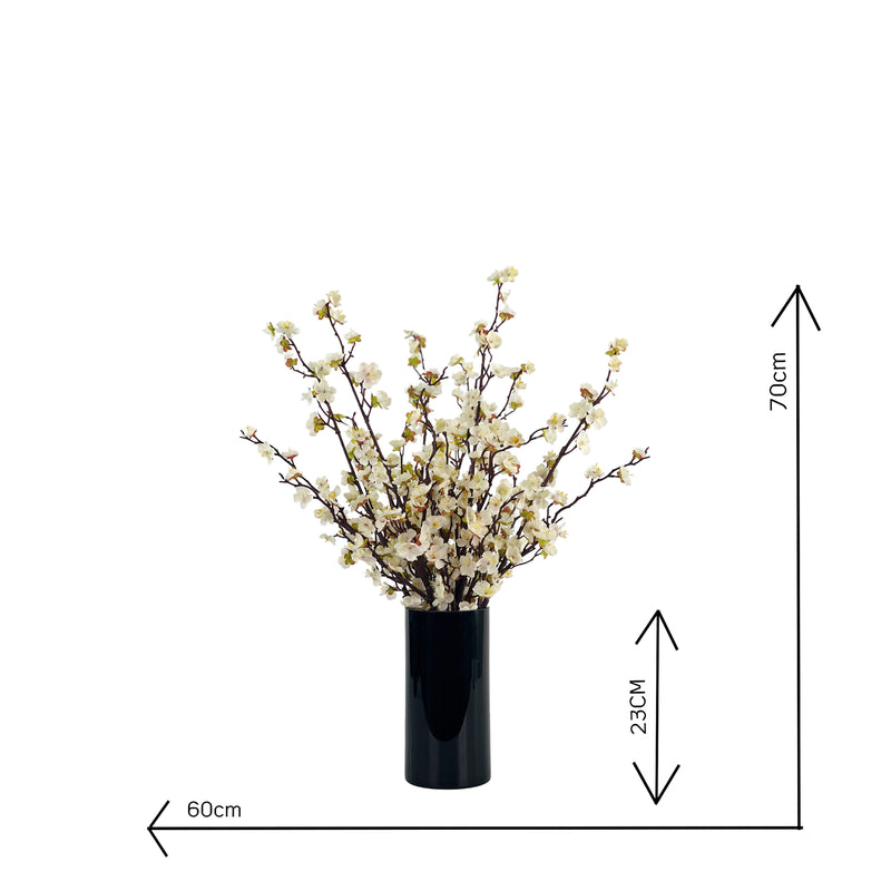 Faux Cherry Blossoms white in Black Cylinder vase with measurements