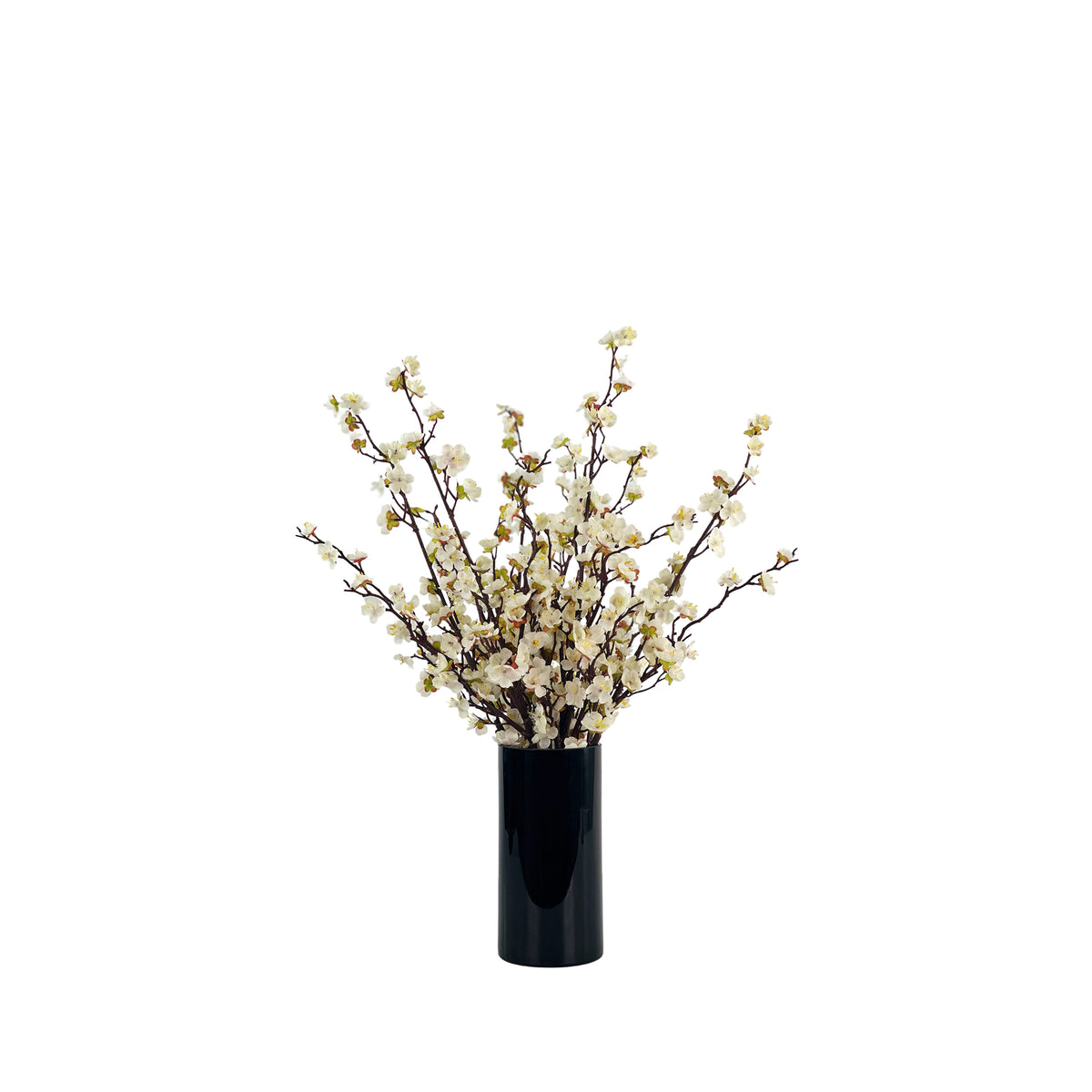 Faux Cherry Blossoms white in Black Cylinder vase