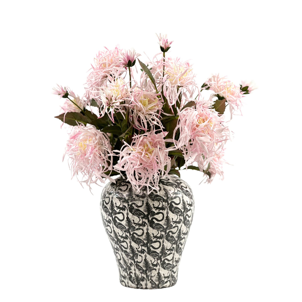Spider Chrysanthemum Lilac Arrangement in Crane Ceramic Vase. Front view. Plant Couture.