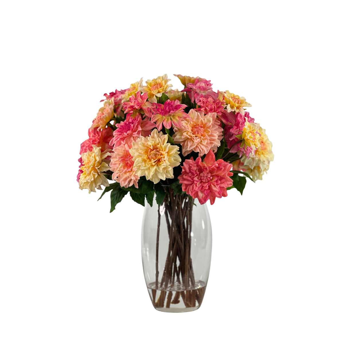 Dahlia Arrangement 60CM in Barrel Vase Set in Faux Water
