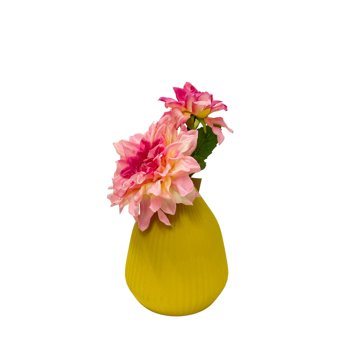 Faux Coral Dahlia in yellow ceramic vase